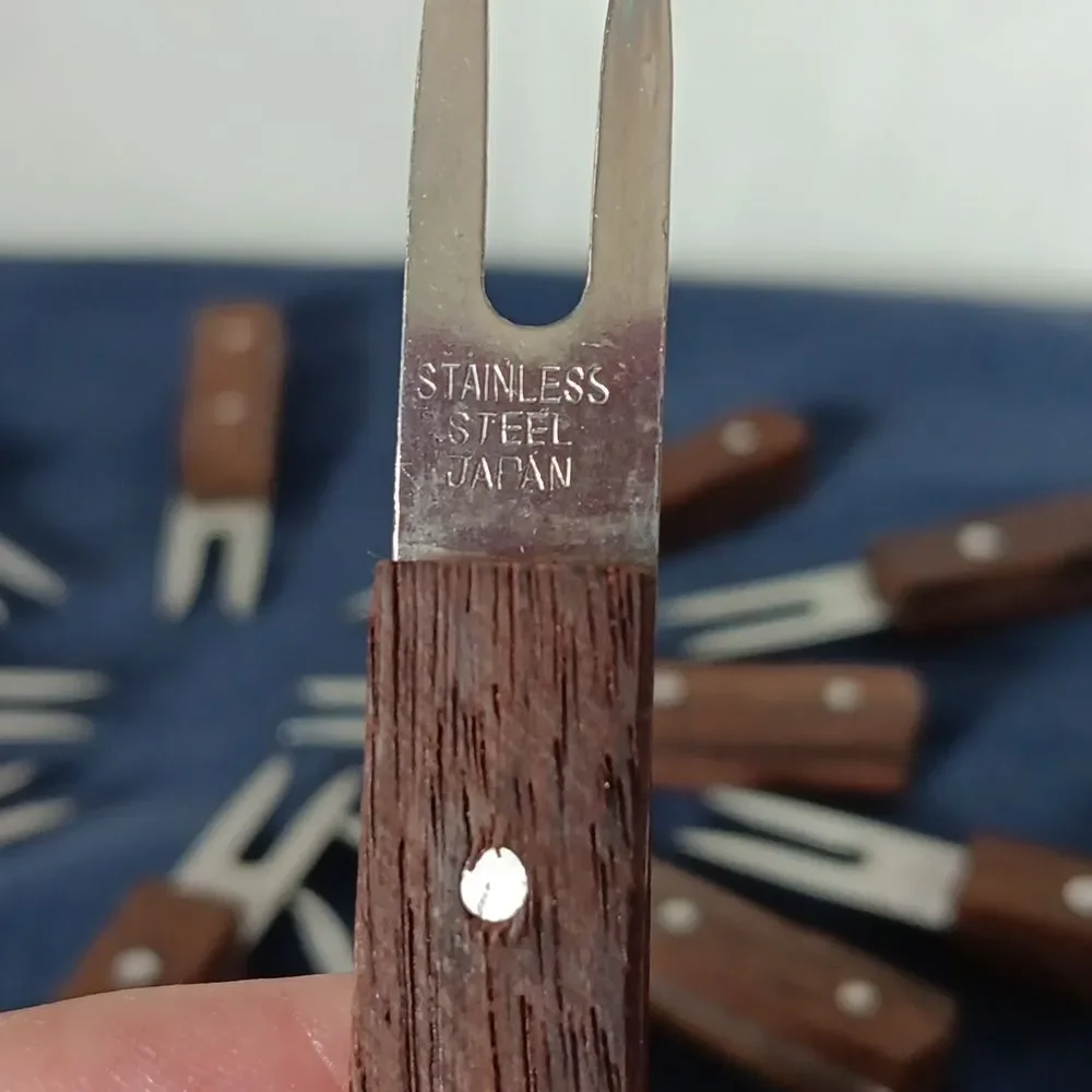 Vintage MCM Japan Stainless Steel Corn Cob Appetizer Forks Hardwood Handles Lot